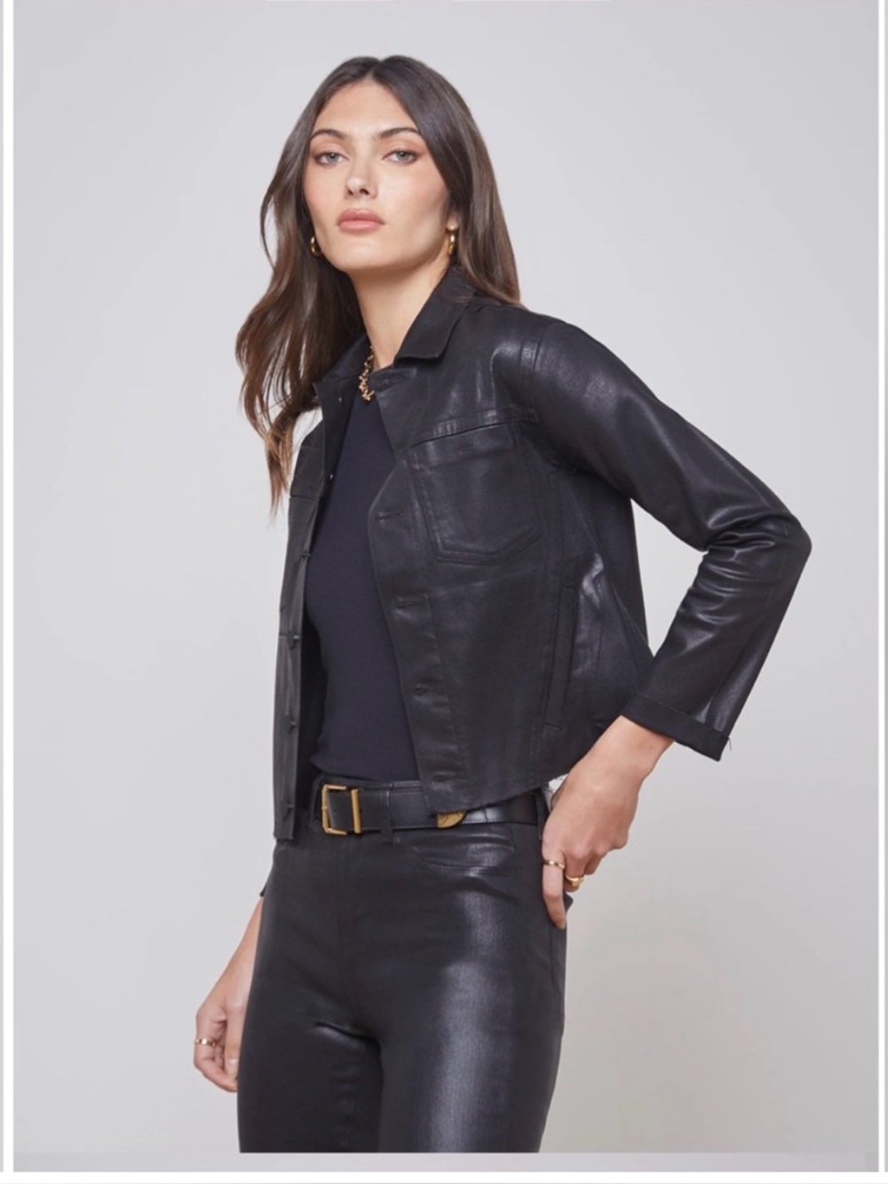 L’AGENCE Janelle Denim Coated Jacket Size X-Small in Saturated Black Coated